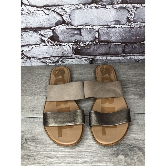 Sorel Taupe Suede Gold Leather Slides Sandals Women Sz 8.5M US/39.5EU - Picture 4 of 16